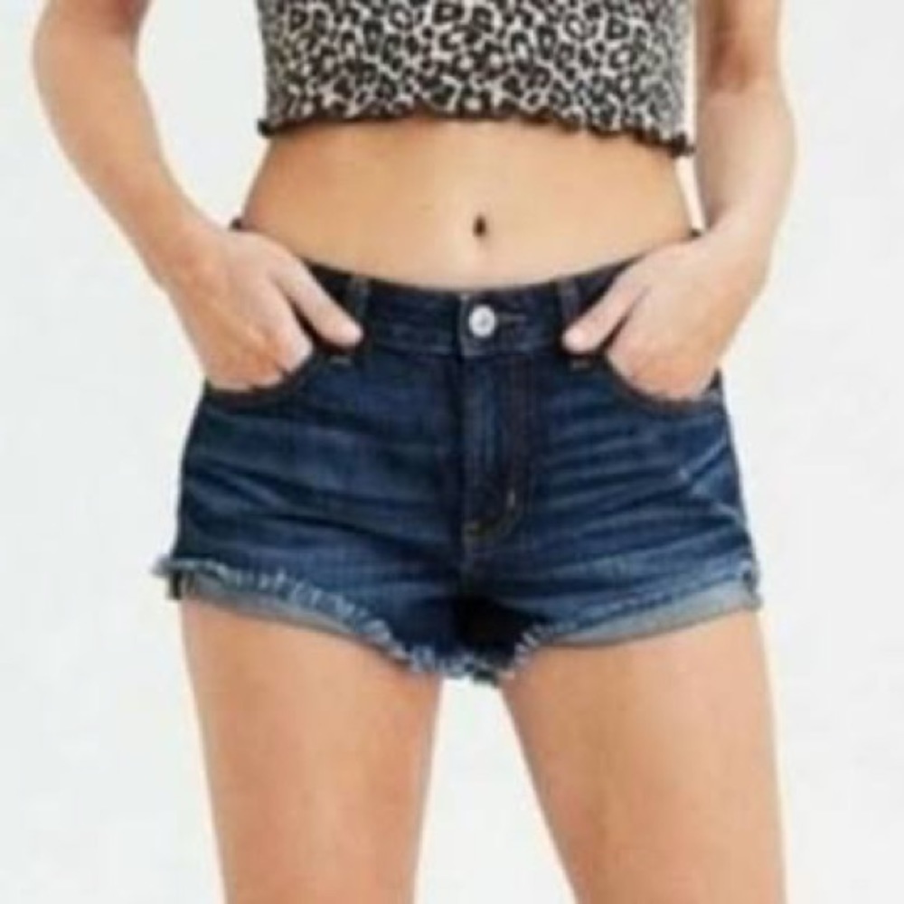 AEO MIDI Dark‎ Wash Raw Hem Denim Shorts